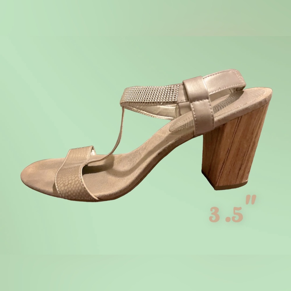 Anne Klein Gold 3.5” Heel Sandals with 8-row silver chain on strap Size 11